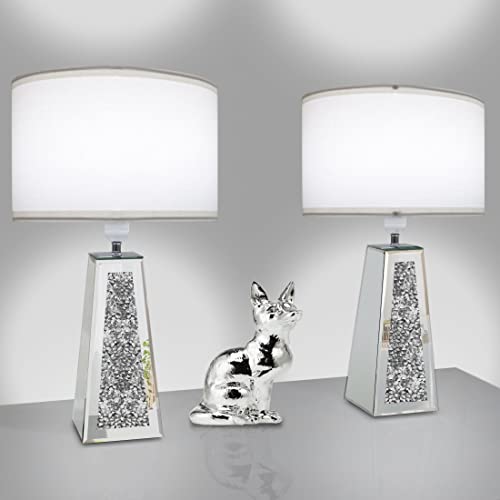 GOTHICO Silver Mirror Crushed Diamond LED Table Lamp, Four Prism Shaped Crystal Diamond Mirrored Base,White Round Linen Shade, 20.7" Height for Living Room Bedroom Office, Modern Art Decor,Set of 2