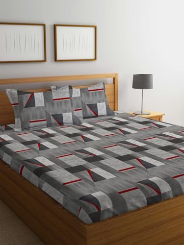 LOOMLYFE 300 TC Cotton Feel Glace Cotton Elastic Fitted Printed Super King Size Bedsheet with 2 Pillow Covers Fits Upto 12 inches Mattress,Size- 72X78 Inches, Grey