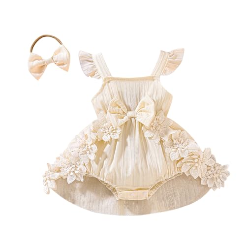 Image of Douhoow Baby Girl Dress Romper Ruffle Sleeveless Bow Front Romper Dress with Headband Infant Girl Summer Clothes