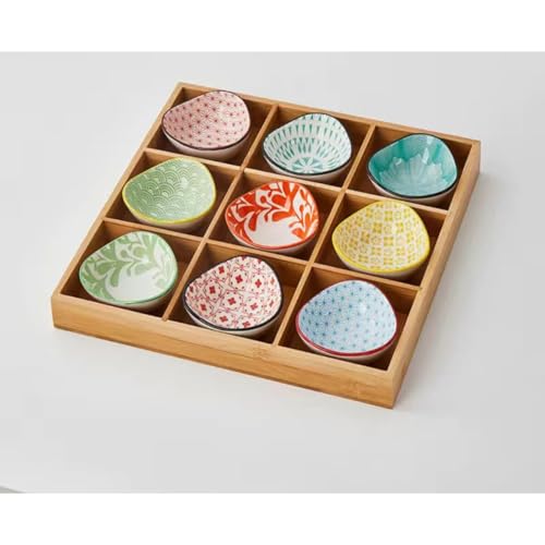 kxzlhaa 小皿セット和風 お皿 小皿セット 竹トレイ 陶器 前菜皿 アイスクリーム ソース皿 深型 セラミック仕切り付き 天然木 9点 小鉢 火鍋 焼肉屋 寿司屋 食洗機 醤油皿 前菜皿 盛り鉢 和食器 (A)