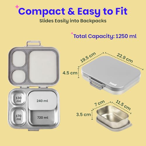 Image of Basil Bento Box Quad Plus -3+1 Compartment Stainless Steel Lunch Box (1020ml) with BPA Free Lid | Leak Proof Tiffin for Kids & Adults | Premium Lunch Box for School, Office & Picnic - Classic Grey