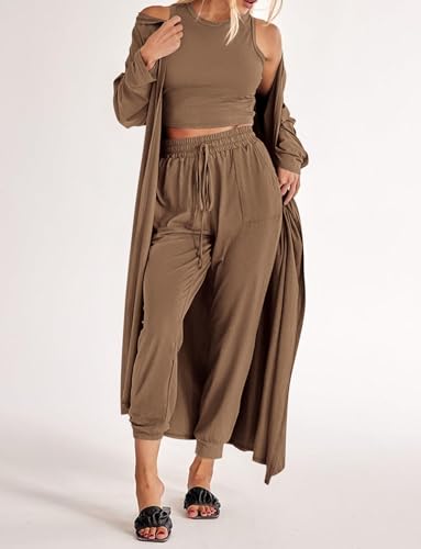 KIRUNDO 3 Piece Lounge Sets for Women Airport Travel Vacation Outfits 2026 Fall Cardigan Matching Sleeveless Top Jogger Pants(Khaki, X-Large) — view 3