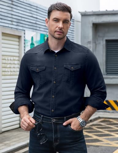 Kissonic Mens Denim Shirt Long Sleeve Slim Fit Jean Shirt for Men Button Down Causal Striped Denim Shirts2