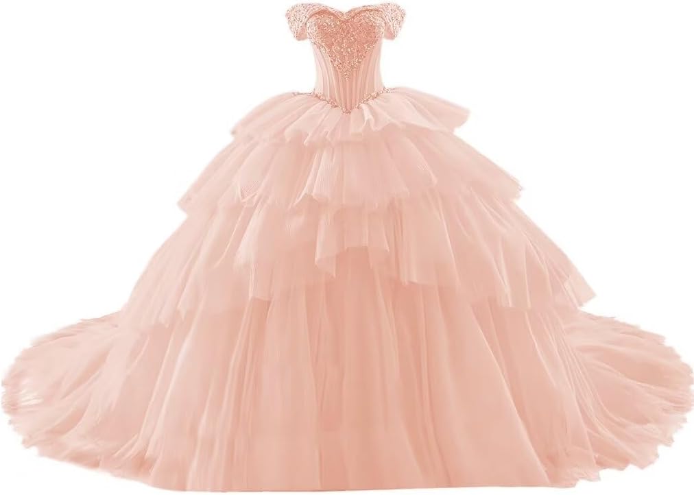 Beaded Tulle Quinceanera Dresses Ball Gown Off Shoulder Sweet 16 Dresses Beading Sparkly Evening Gown