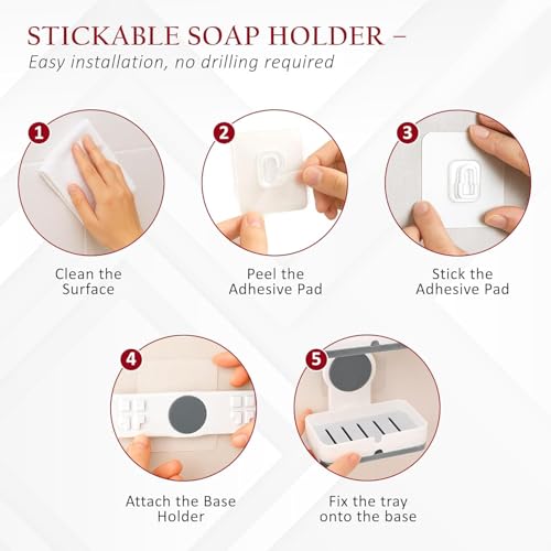 Image of Plastic Self-Adhesive Double Layers Soap Holder for Bathroom Wall with Removable Drain Tray | No Drill Stickable Soap Stand for Kitchen Sink | White