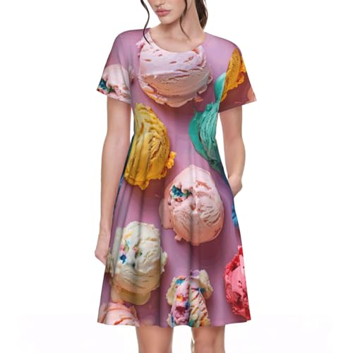 Robe d'été manches courtes femme imprimé crème glacée colorée fête