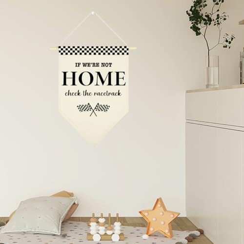 Race Car Room Wall Decor Racing Track Decorations If We're Not Home Check the Racetrack Triangle Banner Race Car Party Decorations race Car Themed Canvas Wall Hanging Banner for Girl Boy Room Home - Image 6