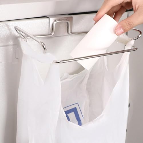 Image of Leadigol Over the Cabinet Garbage Bag Rack, Hanging Garbage Bags Holder Stainless Steel Trash Bag Holder Rack for Kitchen Cabinets Doors and Cupboards(Silver)