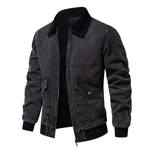 Men's Turn Down Collar Warm Fleece Thicken Denim Jacket Big Pockets Winter Jeans Coat