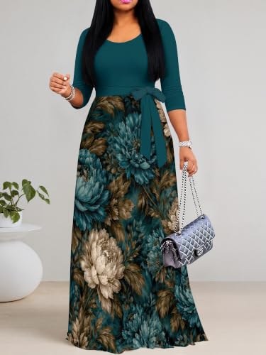 Image of PinkPatty Plus Size Maxi Dress for Women Casual V Neck 3 /4 Sleeve Boho Printed Long Dress with Pockets