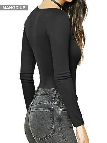 MANGDIUP Women's Long Sleeve Bodysuit Jumpsuit (Black, XXL)