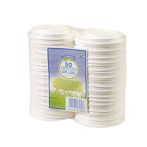 Caterpack Enviro - 50 Pack Compostable Sip Lids - Fits 12oz & 16oz Cups, Plastic Free Bagasse, Biodegradable, Eco-Friendly Takeaway Coffee Tea Lids for Catering, Cafes, Restaurants, Events