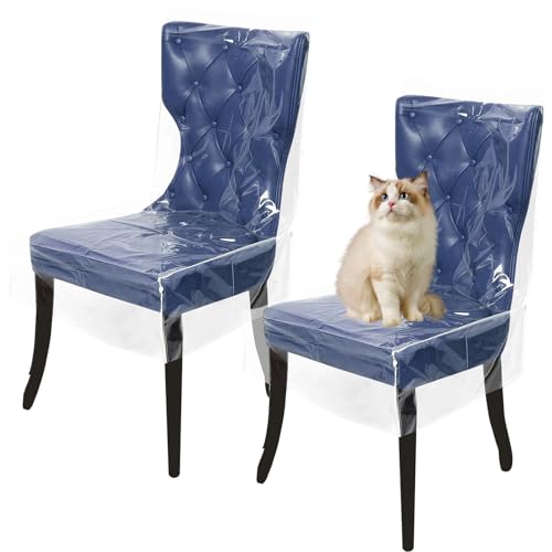 Alongen 2Pcs Plastic Dining Chair Covers,Clear PVC Seat Chair Cover for Dining Chairs，Anti Stain, Cat Scratch, Waterproof and Easy to Clean Plastic Seat Cover Protector(Short)