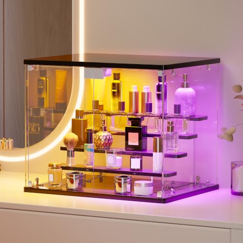 HNEBC Display Case with Glass Doors - LED Clear Display Box with RGB Lights & Music Rhythm, 5-Tier Adjustable Min Figure Display Cabinet, Small Desktop Showcase for Collectibles, Models, Car