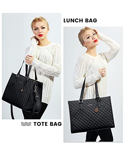 LOVEVOOK 15.6 Inch Laptop Lunch Box Bag for Women with Insulated Lunch Compartment, Large Capacity Handbag, black, 17.3 inch