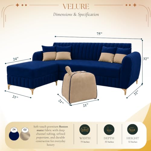 Image of CASASTYLE Signature Velour 4-Seater L-Shape Sofa Set with Movable Ottoman & Suri Pouf | Flexible LHS /RHS Layout | Boston Fabric | 40D Foam + Zigzag Spring | 3-Yr Warranty (Midnight Blue,Sand Beige)