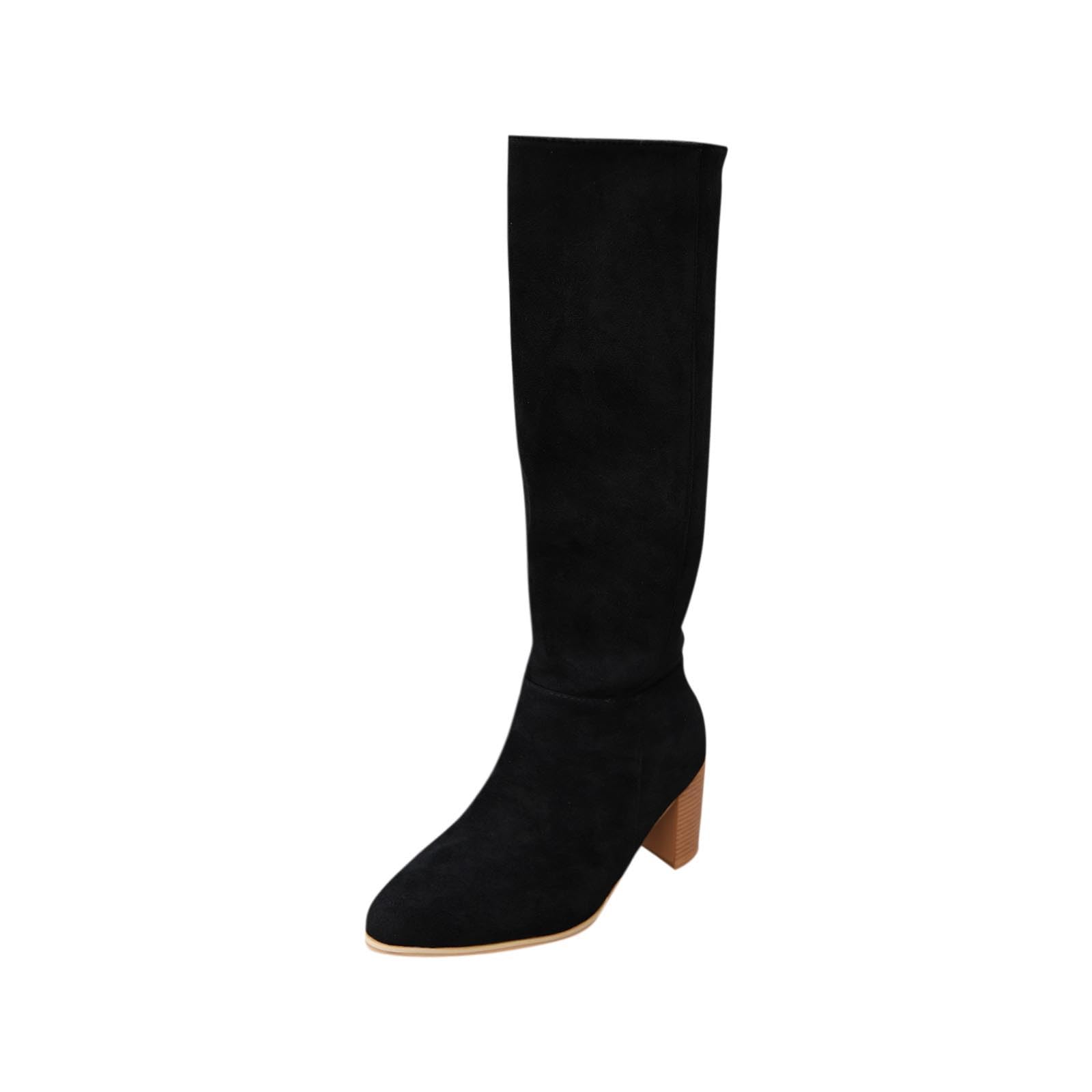 Suede Knee-High Boots Fall Boot For Women Chunky Block High Heel Side Zipper Slouch Fashion Boot Round Toe