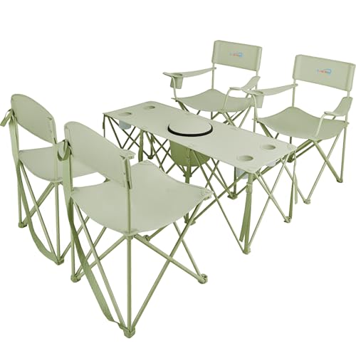 5 Pcs Camping Chair and Folding Camping Table Set Outdoor Folding Picnic Chairs Lawn Portable Camp Table with Cooler Bag & Cup Holder for Camping Fishing Sporting Events Support 500lbs Green