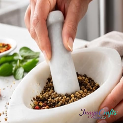 Image of Marble White Boat Shape Mortar and Pestle Set 6 Inch, White Stone for Grinding Spices, Herbs and Garlic for Kitchen.