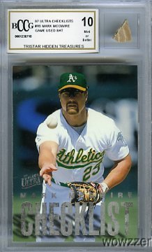 1997 Fleer Ultra Checklist #A5 Mark McGwire Hidden Treasures with a Piece of Authentic Mark McGwire GAME USED BAT Graded BGS BECKETT 10 MINT GGUM Card