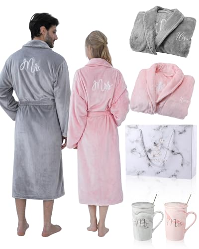 Jecery His and Hers Robes Set for Couples Flannel Matching Robes Mr and Mrs Bathrobes with Mugs for