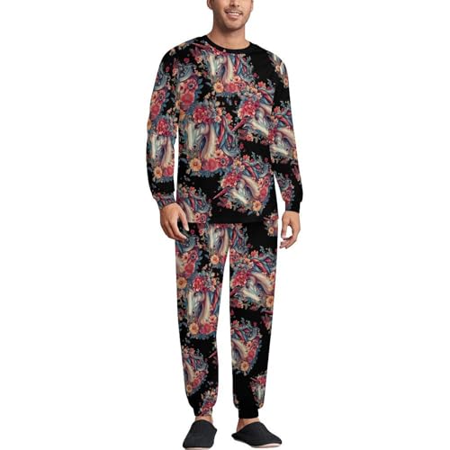 Horse Flowers Butterflies Mens Pajamas Set Long Sleeve Sleepwear Pjs Set Shirts And Bottoms Sleep Sets Loungwear