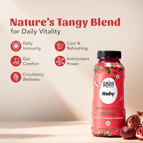 Image of Rus Organic Ruby Juice | Pomegranate Fruit + Kokum Juice Without Sugar | Pack of 4 (250ml Each) | Natural, No Added Preservative | Cold Pressed | Immunity Support