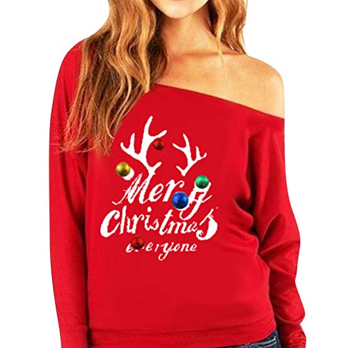 Navidad de BaZhaHei, Sudadera sin Tirantes de Manga Larga para Mujer navideña con Estampado Jersey y Blusa de Mujer del Suéter de Hombro Estampado impresión Digital de Letras Moda Camisetas de Mujer