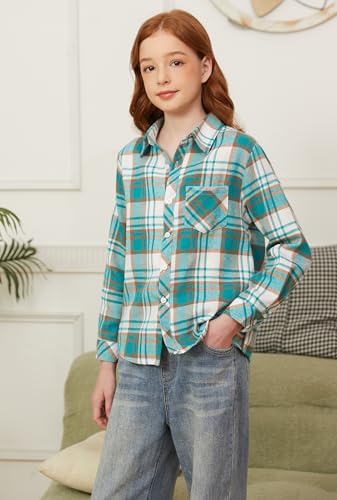 Image of SANGTREE Women and Girls Long Sleeve Flannel Casual Button Down Plaid Shirt