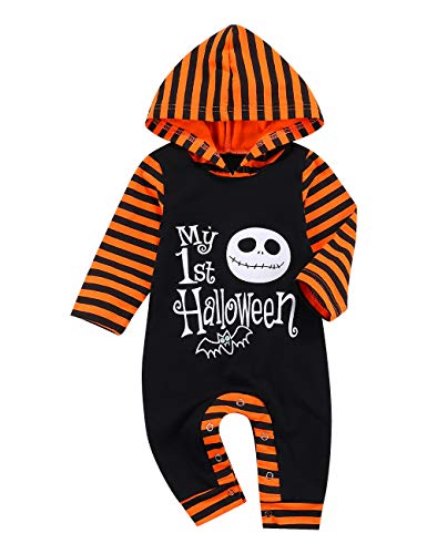 Newborn Baby Boy Long Sleeve Cartoon Skull Pattern Romper One Piece Overall Bodysuit with Hood Infant Toddler Outfit(0-3M Black
