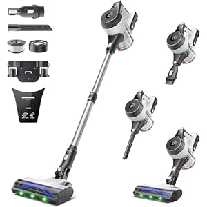 YONNDER Cordless Vacuum Cleaner, 550W 50KPA 70Mins Powerful Vacuum Cleaners for Home, with Anti-Tangle, LED Display Screen, Self-Standing Stick Vacuum for Hardwood Floors/Pet Hair/Carpet, M1, Silver