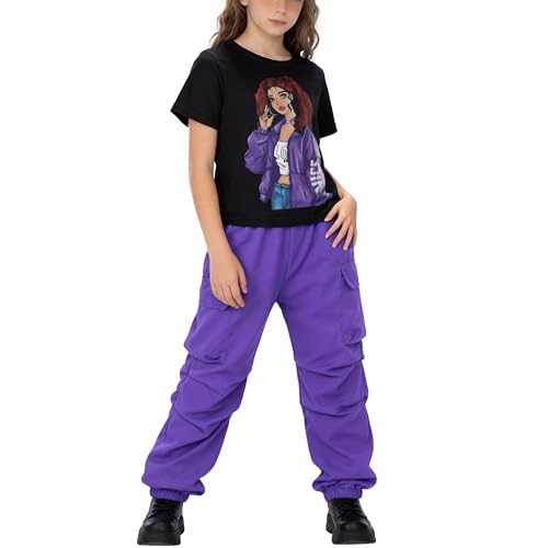 G.COW Kids Girls 2 Piece Outfits Size 8-12Y, Purple Cargo Pants & Cartoon Print Short Sleeve Top Set with Pearl Beading, Streetwear Casual Set