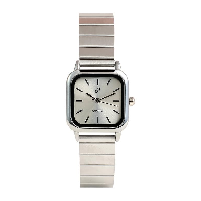 Image of Haute Sauce Women's The Downtown Chain Square Watch | Silver Stainless Steel Strap | Metallic Silver Dial | One-Size | Foldover Closure | Quartz | Battery | Wrist Belt Watch for Female and Girls
