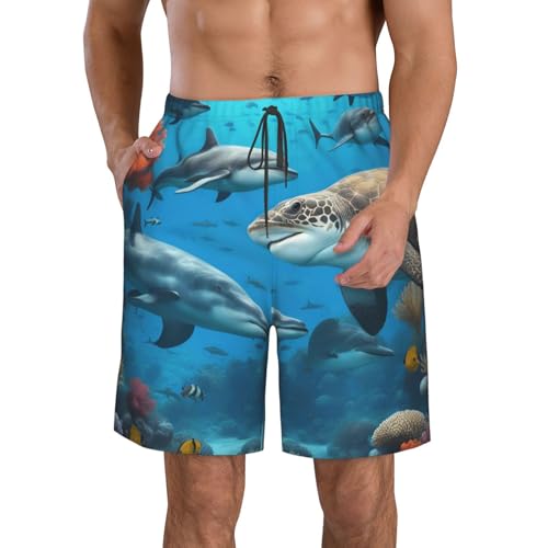 Men's Beach Shorts Swim TrunksFun Patterns Dolphins Sea Turtle Shark Print for Surfing Running Summer Vacation