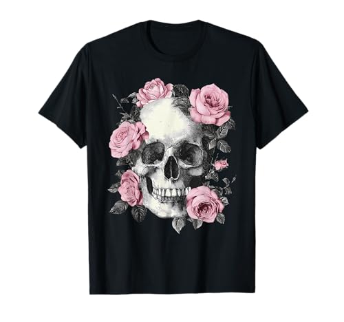 Floral Sugar Skull Rose Flowers Skeleton Halloween Men Women T-Shirt