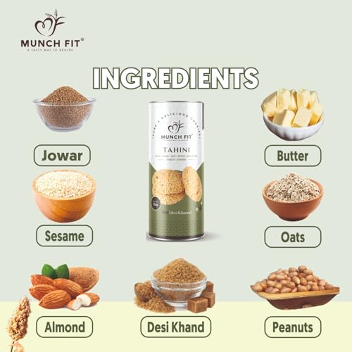 Image of Munch Fit Jowar Sesame Oats Tahini Cookies | Egg Less Cookies Made with Desi Khand 125gm Pack of 4 | Healthy Multigrain Cookies | High Protein, Fiber Gluten Free | Natural Snack for Tea, Coffee & Kids