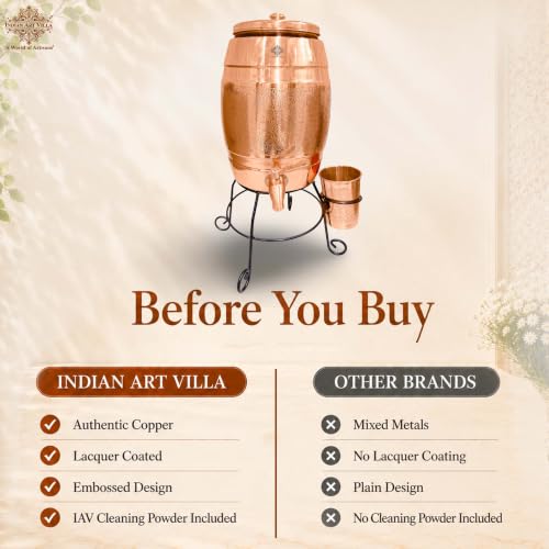 Image of Indian Art Villa Copper Water Pot with Embossed Design, 5 Litre Water Storage Vessel with Stand, Tap & Glass (275 ML), Ayurvedic Water Dispenser for Home, Office, Dining & Gifting