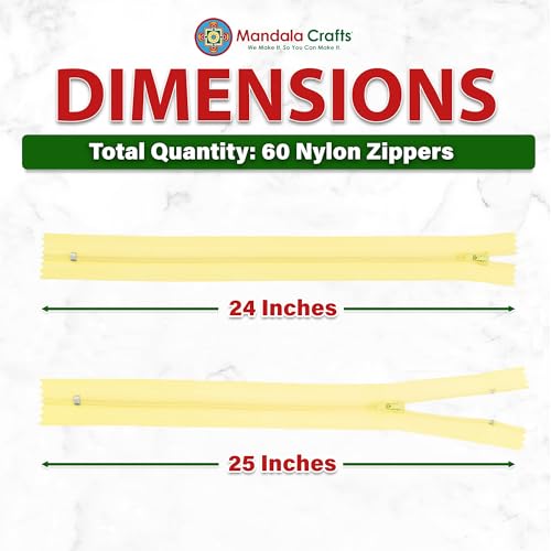 Image of Mandala Crafts 60 PCs Butter Yellow Closed-End 24 inch Nylon Zippers for Sewing