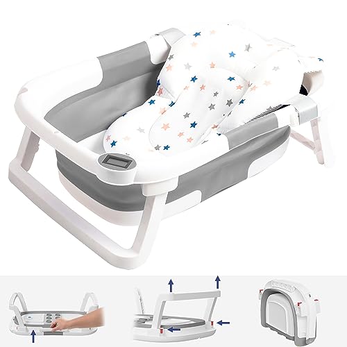 Image of NAPEI Collapsible Baby Bathtub for Infants to Toddler, Portable Travel Bathtub Multifunctional Bathtub with Drain Hole, Baby Folding Bathtub for Newborn 0-36 Month (Grey+Floating Baby Bath Cushion)