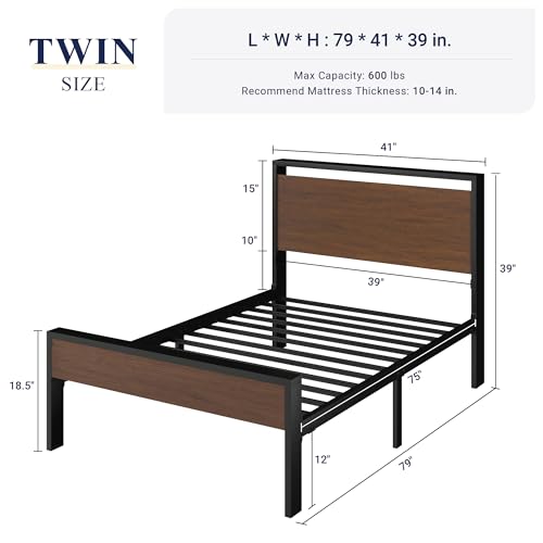 Image of Allewie Twin Size Bed Frame, Heavy Duty 12 Metal Slats Support, Walnut | Wooden Headboard and Footboard, Modern Platform Bed, No Box Spring Needed, Under-Bed Storage, Noise Free, Easy Assembly