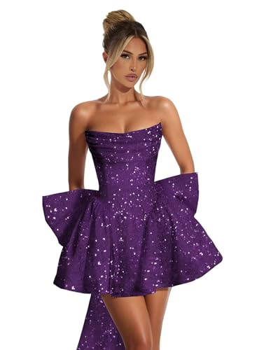 Strapless Sequin Homecoming Dresses with Bow Sparkly Short Prom Dresses A Line Cocktail Party Gowns