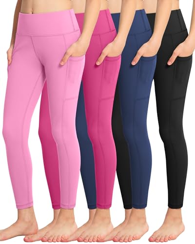 La Mejor Selección de Ropa deportiva para Niña para comprar hoy. 47 ATHVOTAR - Leggings para niñas con bolsillos: pantalones de cintura alta, yoga, entrenamiento, baile, atletismo, 4 paquetes, Paquete de 4 - Negro/Azul Marino/Rosa/Rosa, 5-6 Años