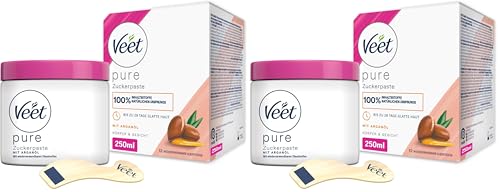 Veet Pure Zuckerpaste mit Arganöl - Sugaring Paste für die Haarentfernung an Körper & Gesicht - 1 x 250 ml inkl. Holzspatel & Stoffstreifen (Packung mit 2)