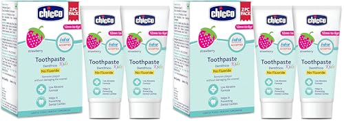 Image of Chicco Toothpaste for Kids, Best for Baby (1y-6y), Strawberry Flavour, 50g (Pack of 4) | Fluoride-Free & Low Abrasive | Removes Plaque, Helps Prevent Cavities | IDA Accepted