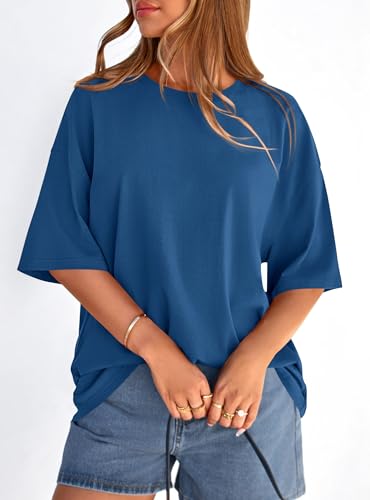 PRETTYGARDEN Womens 2026 Spring Going Out Tops Casual Short Sleeve Crewneck Loose Fit Basic Oversized T Shirts Summer Outfits (Blue,Large) — view 5