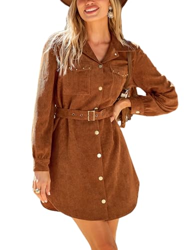 CUPSHE Damen Cord Minikleid A-Linie Langarm Hemdkleid mit Knöpfen Gürtel Taschen Freizeitkleid Braun L