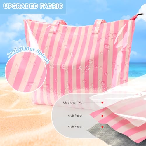 Image of KALIDI PVC Zipper Tote Bag, Jelly Kraft Paper Beach Bag Large Hobo Carry All Travel Shopping Handbag Plastic Shoulder Bag