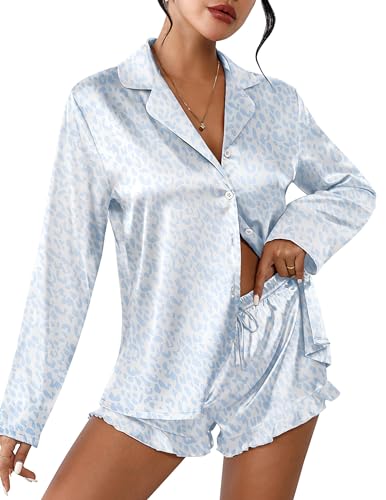 Image of Ekouaer Womens Satin Pajama Sets Long Sleeve Top and Shorts Lounge Set Button Down Sleepwear