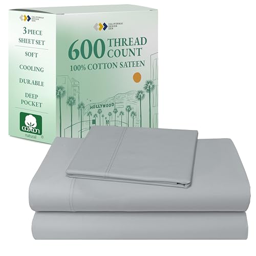 California Design Den Luxury Twin Sheet Set - 100% Cotton, 600 Thread Count Deep Pocket Twin Sheets, Soft Hotel-Quality Bedding with Sateen Weave - Light Grey