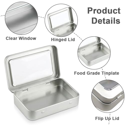 Image of HASTHIP 2Pcs Tin Box Small - Rectangular Metal Storage Box with Clear Window Portable Silver Tiny Storage Boxs for Candy, Mints, Jewelry, Gift and Craft Storages, 115x85x22mm